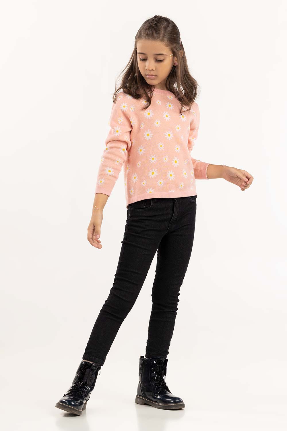 Junior Girl Peach Jacquard Knit Sweater 224-411-024