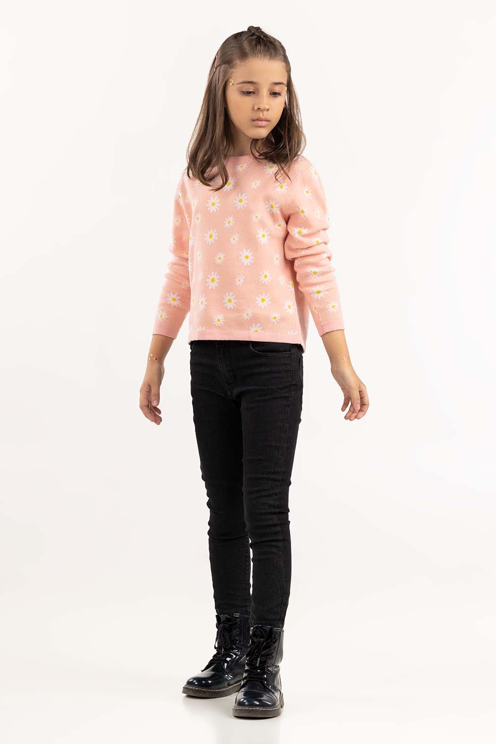 Junior Girl Peach Jacquard Knit Sweater 224-411-024