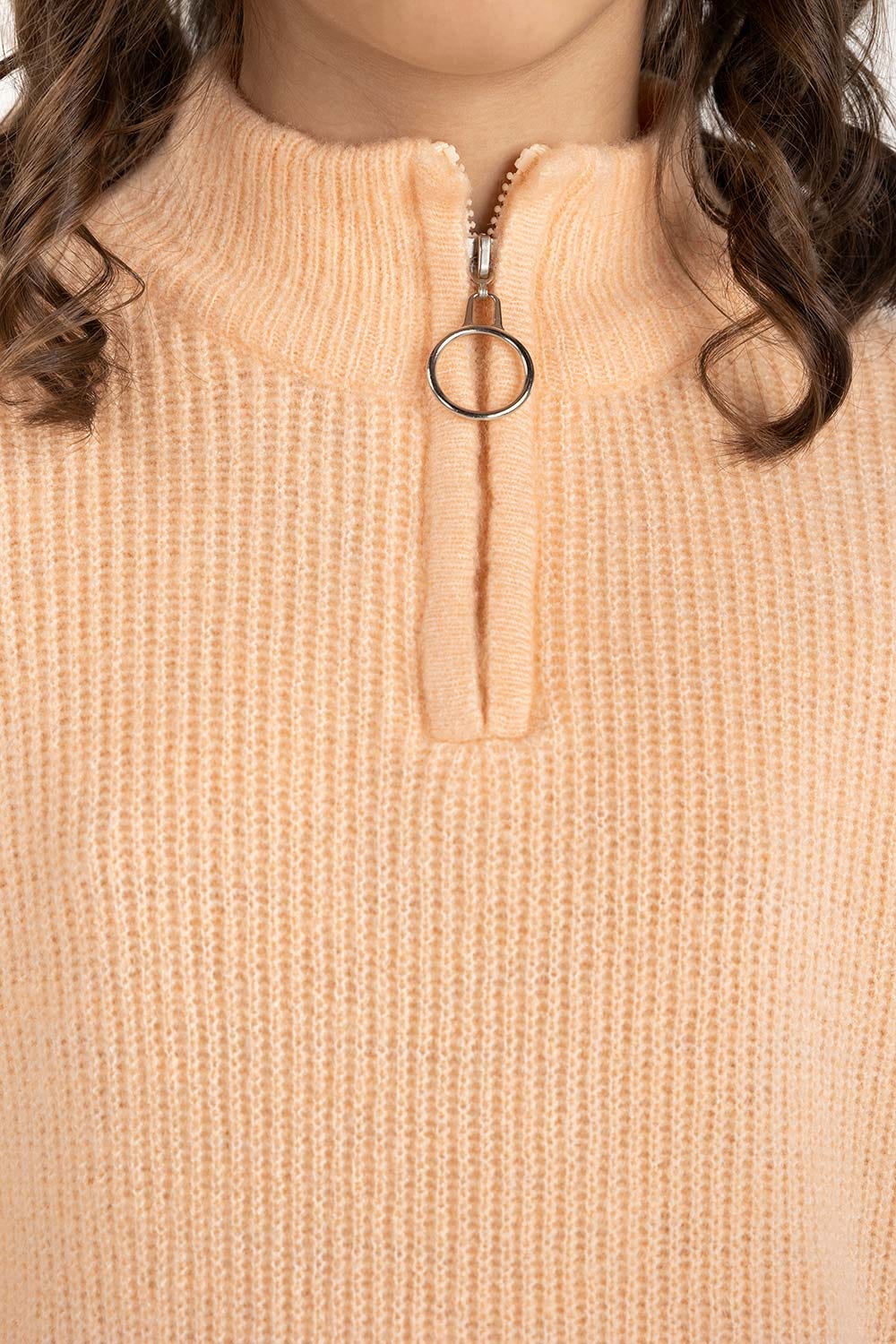 Junior Girl Peach Sweater With High-Neck 224-411-010