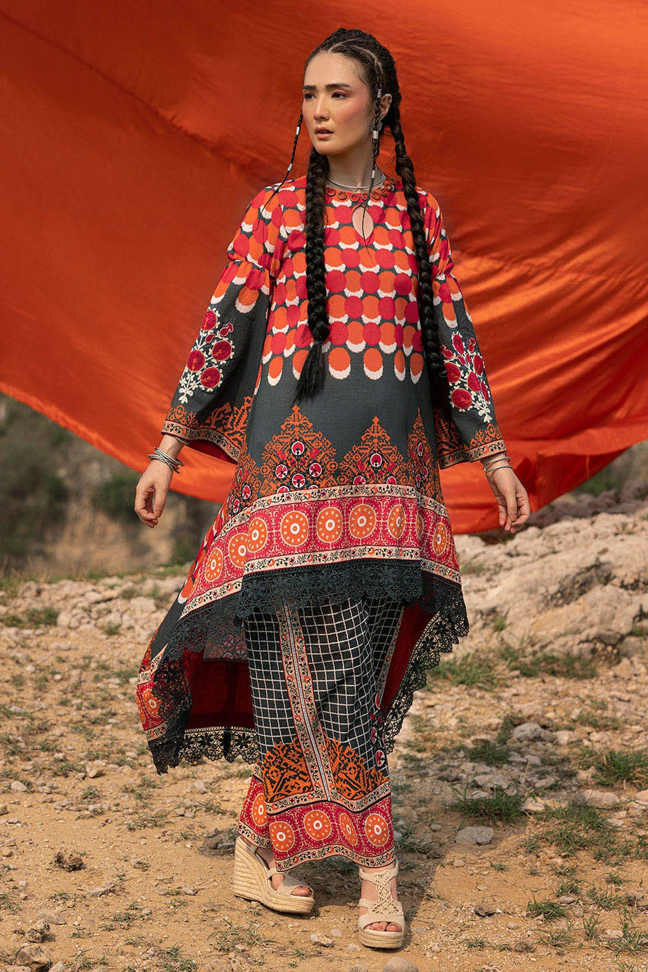 2 Piece Unstitched Printed Lawn Suit with Embroidered Bunches on Organza