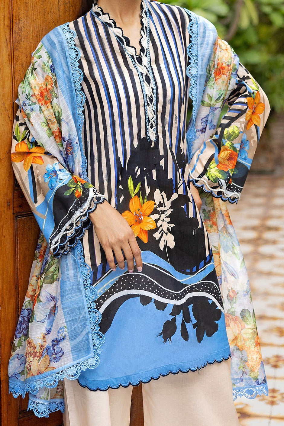 3 Piece Unstitched Printed Lawn Suit with Paper Cotton Dupatta