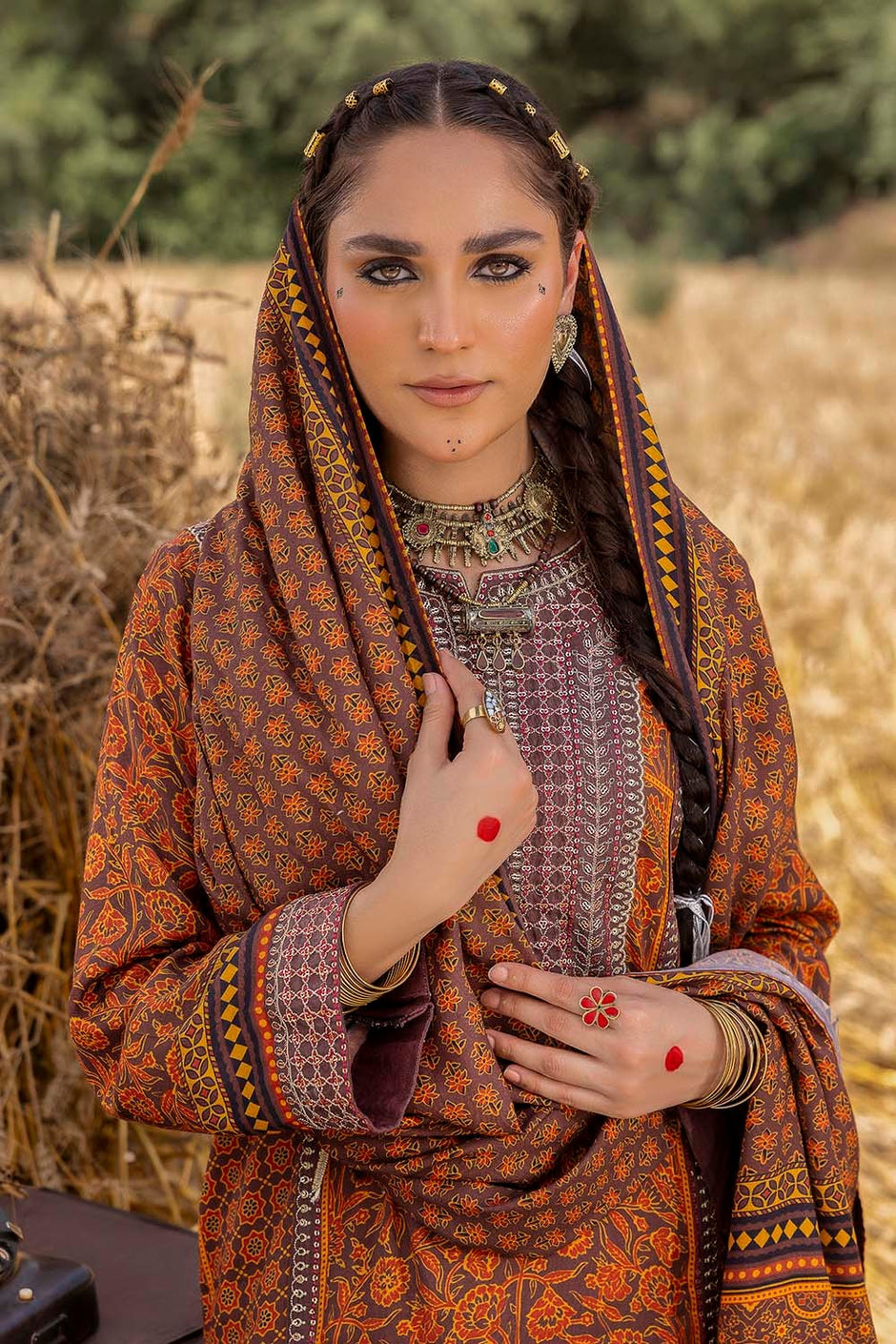 3 Piece Unstitched Embroidered Raw Silk Printed Suit