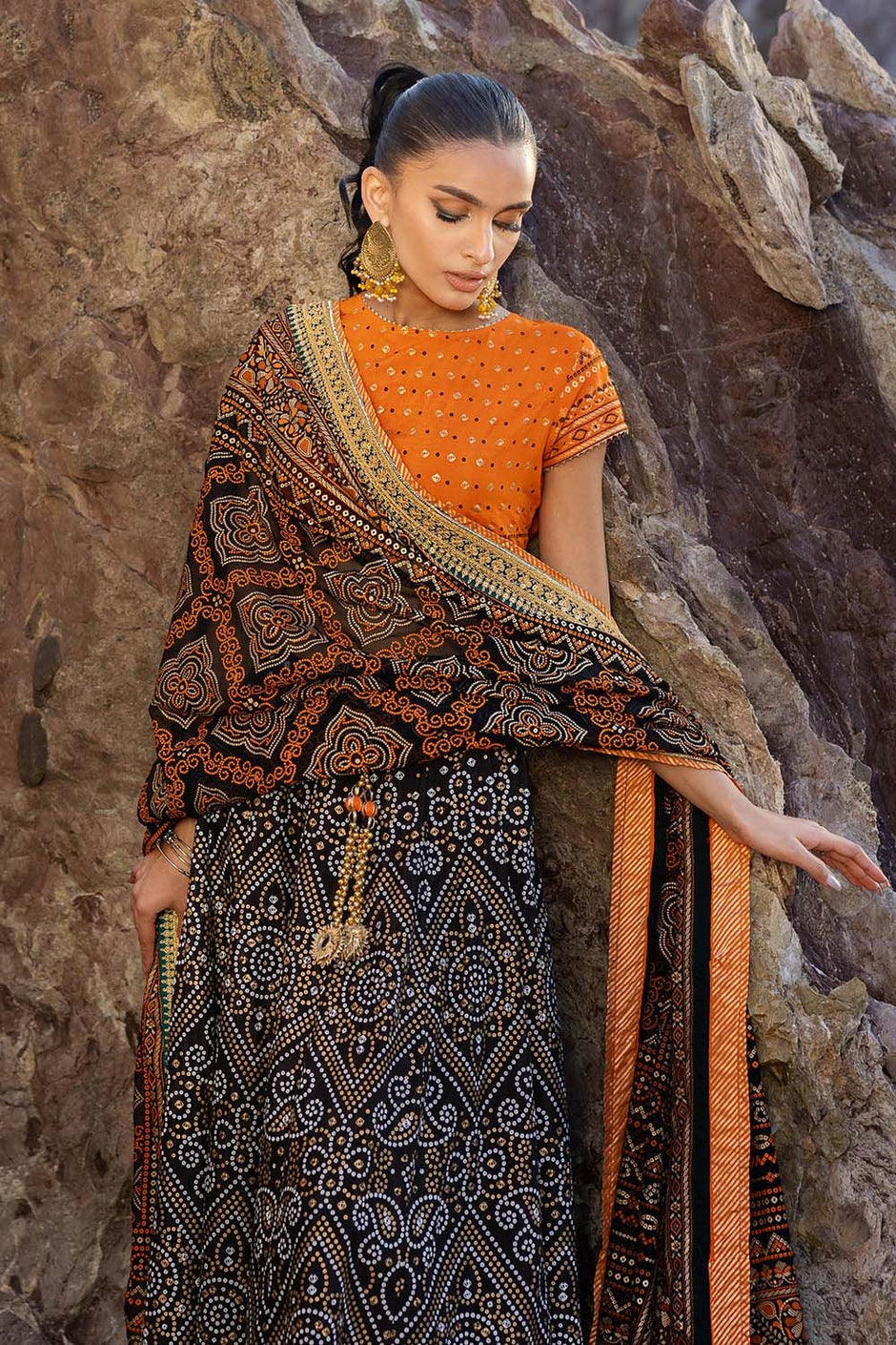 3 Piece Unstitched Gold Lacquer Embroidered Raw Silk Suit with Embroidered Raw Silk Dupatta
