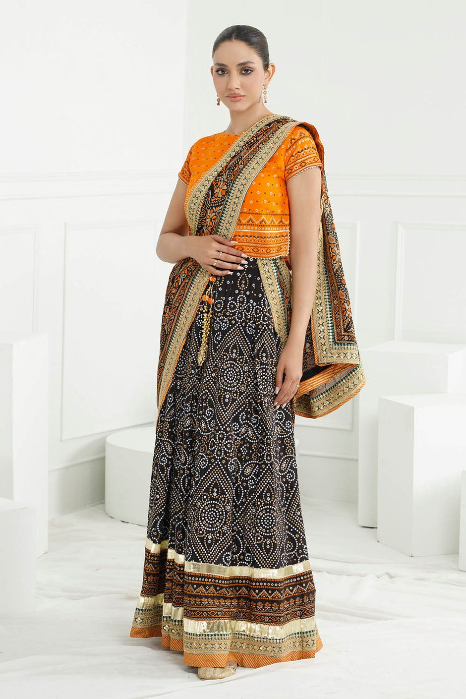 3 Piece Unstitched Gold Lacquer Embroidered Raw Silk Suit with Embroidered Raw Silk Dupatta