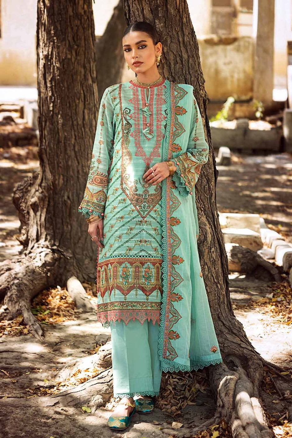 3 Piece Embroidered Digital Printed Paper Cotton Sequins Unstitched Suit with Embroidered Stripe Cotton Silk Dupatta