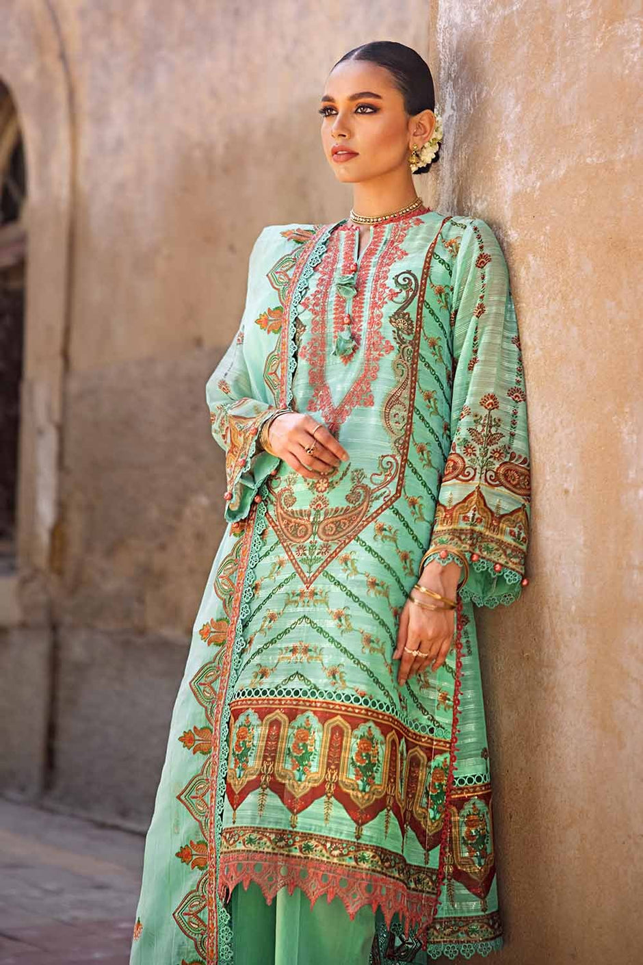 3 Piece Embroidered Digital Printed Paper Cotton Sequins Unstitched Suit with Embroidered Stripe Cotton Silk Dupatta