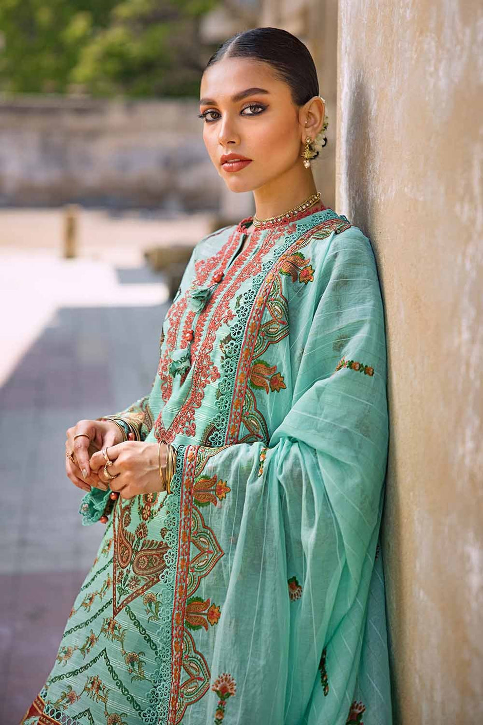3 Piece Embroidered Digital Printed Paper Cotton Sequins Unstitched Suit with Embroidered Stripe Cotton Silk Dupatta