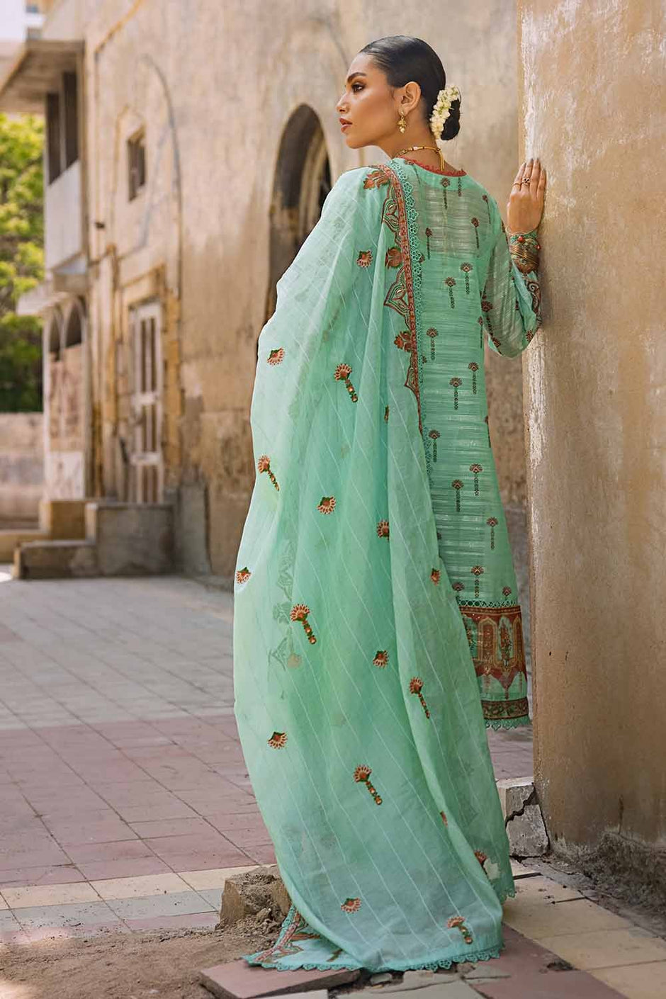 3 Piece Embroidered Digital Printed Paper Cotton Sequins Unstitched Suit with Embroidered Stripe Cotton Silk Dupatta