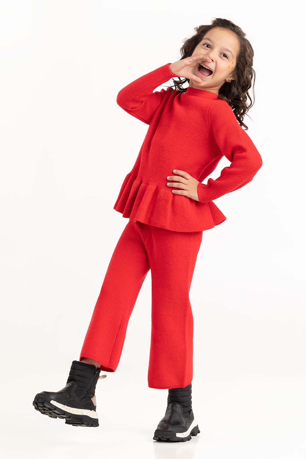 Toddler Girl Red Sweater With Round Neck 224-616-307