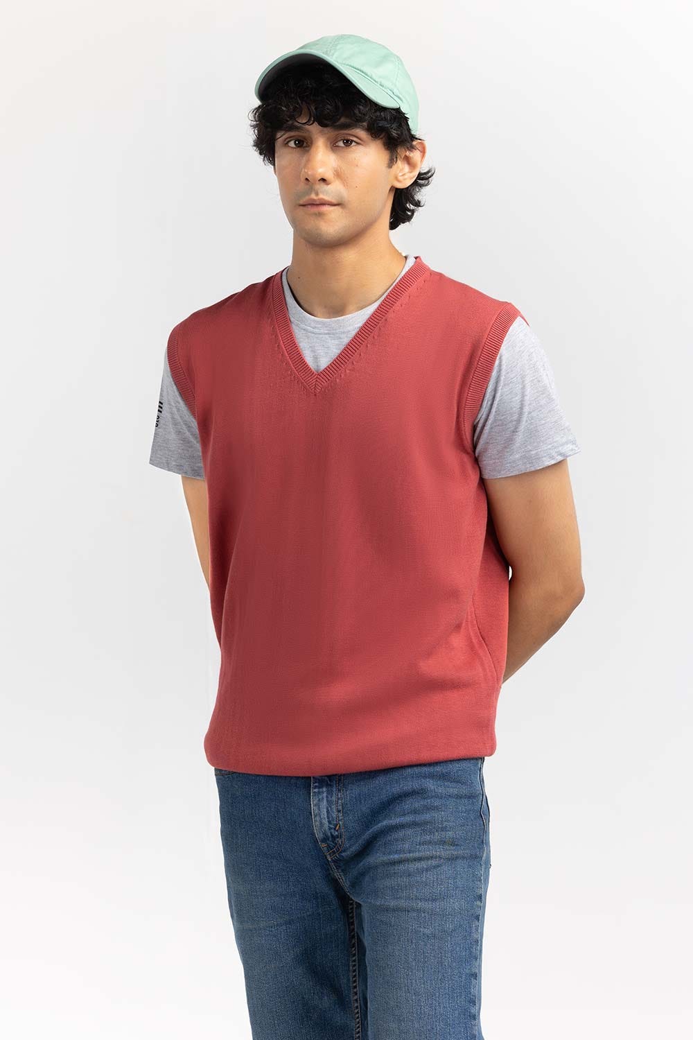 Rose Red Basic V Neck Sleeveless Sweater SWT-BSLVN-22-008