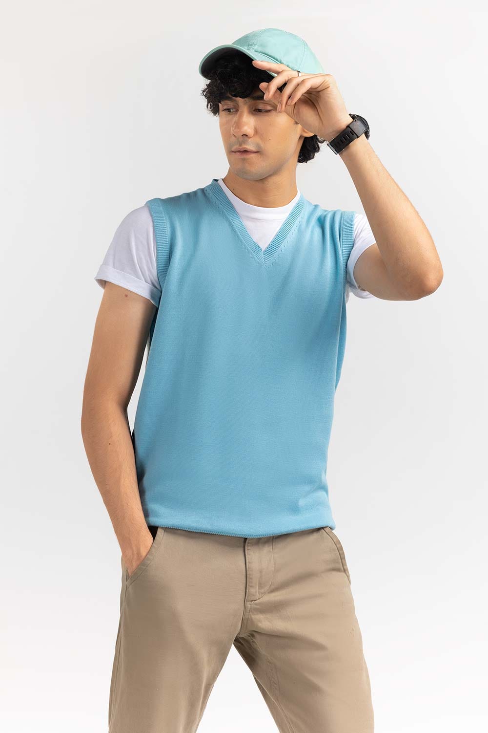 Sky Blue Basic V Neck Sleeveless Sweater SWT-BSLVN-22-012