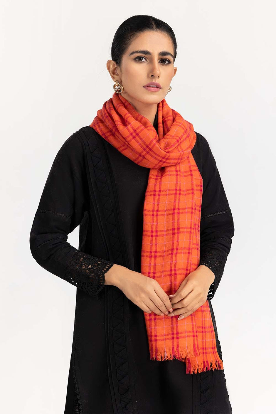 Orange Stole With Checkered Pattern