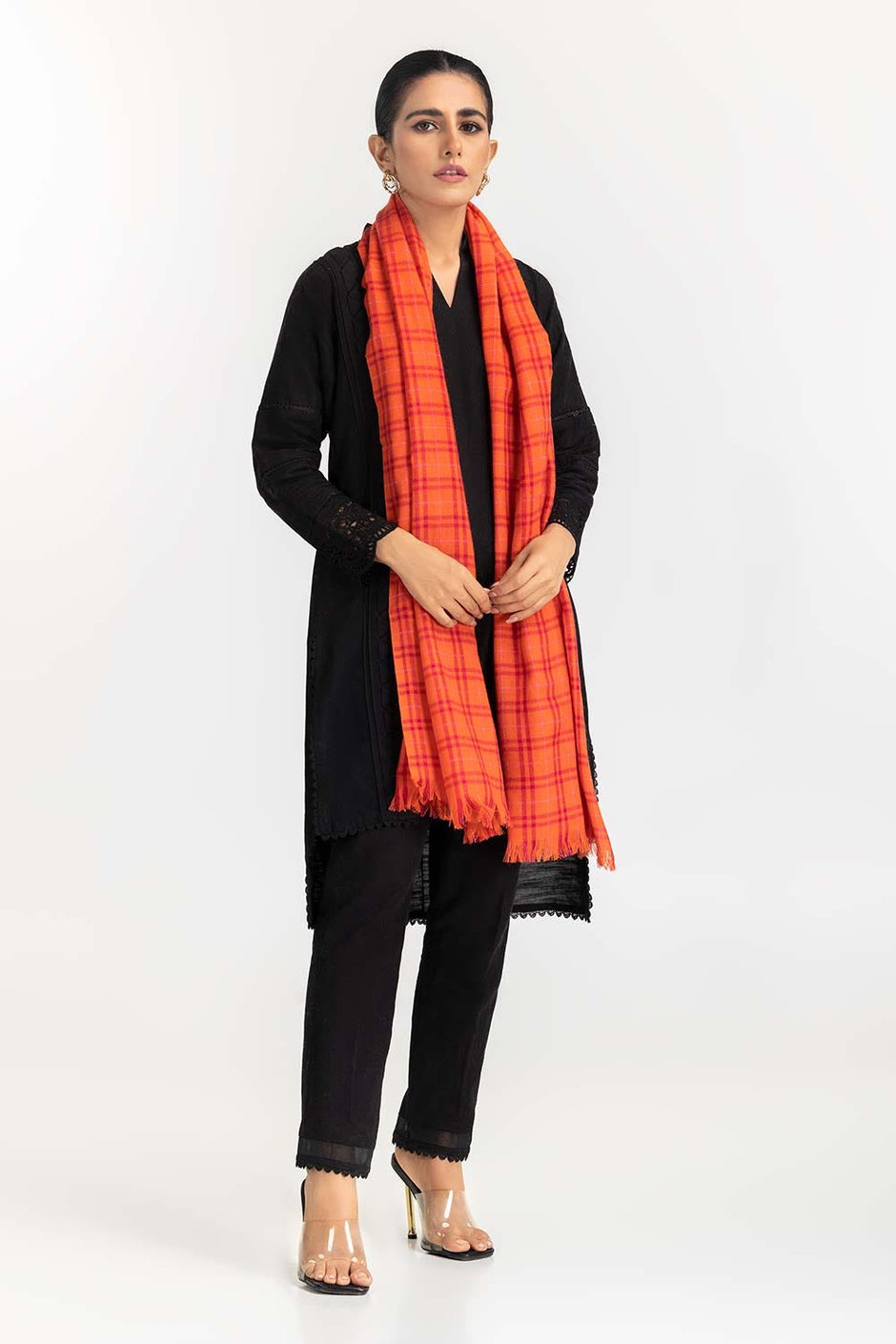 Orange Stole With Checkered Pattern