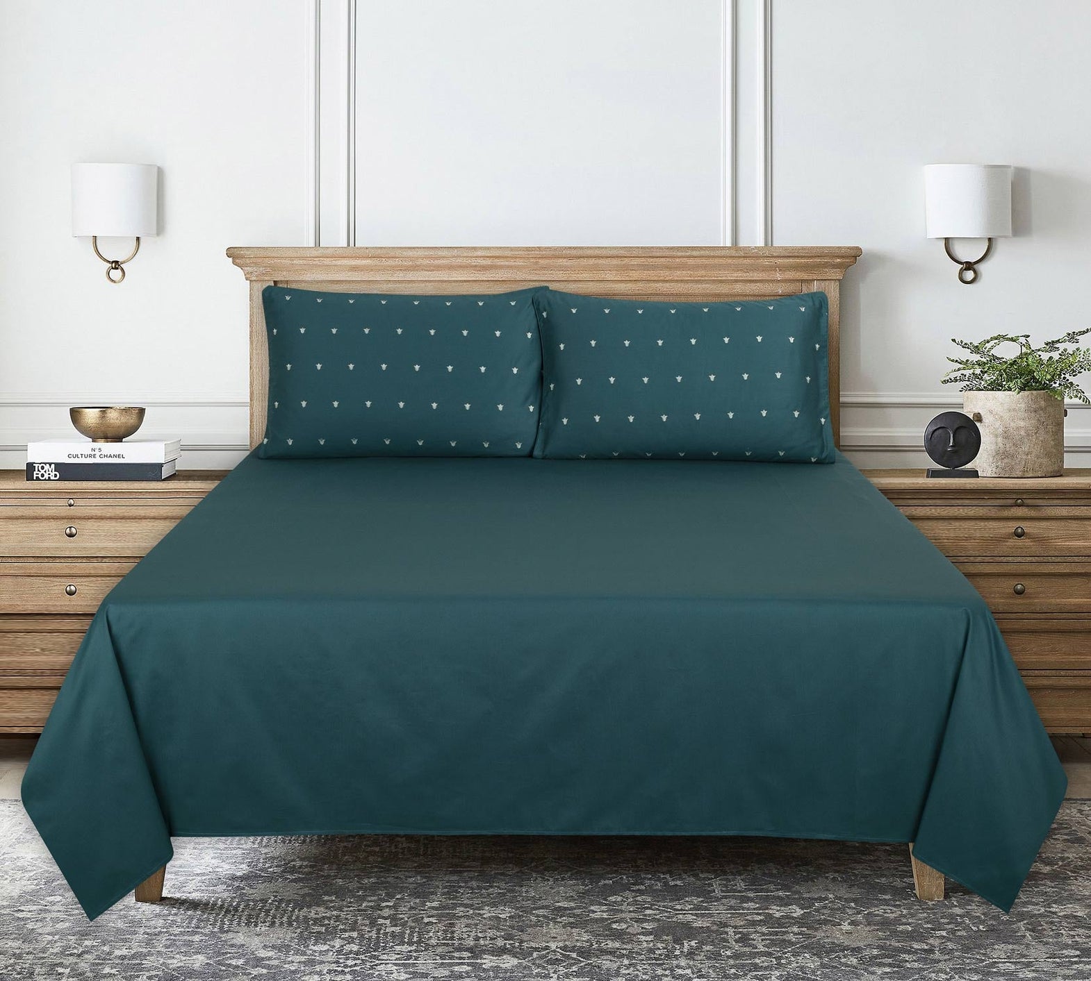 Teal Green T-400 Embroidered Bed Sheet Set