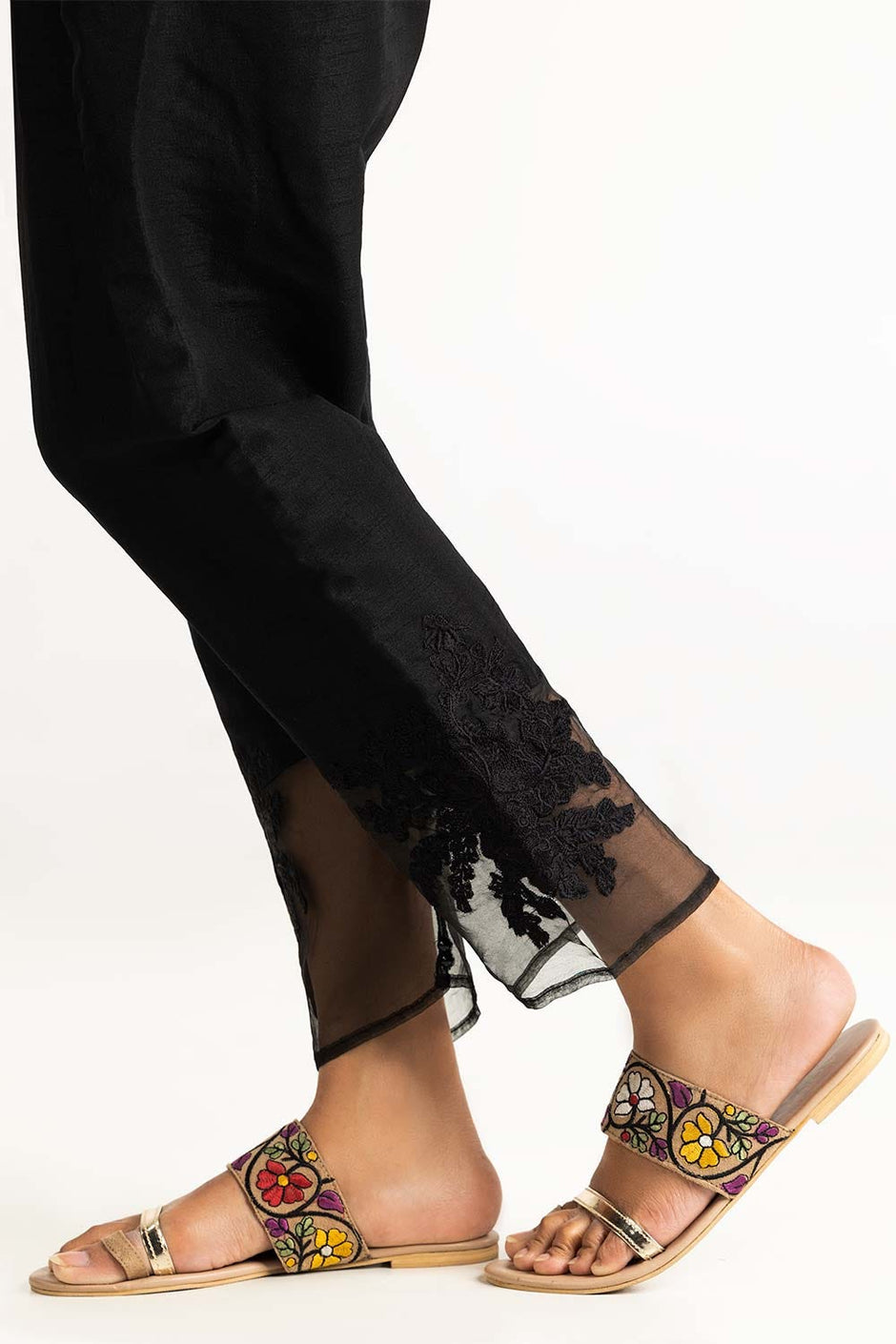Black Embroidered Raw Silk Trousers