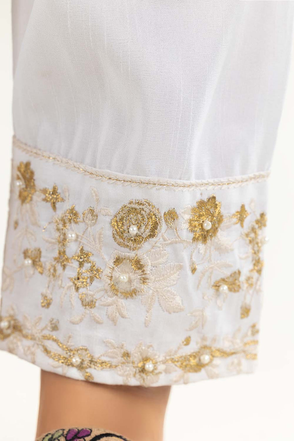 Off White Raw Silk Embroidered Trousers