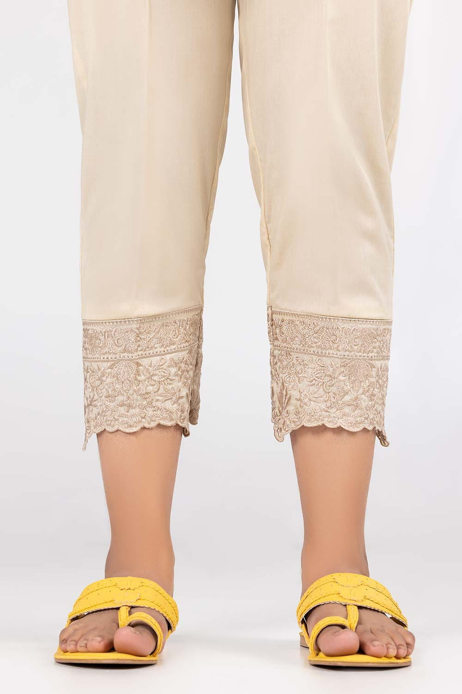Beige Embroidered Cambric Trousers
