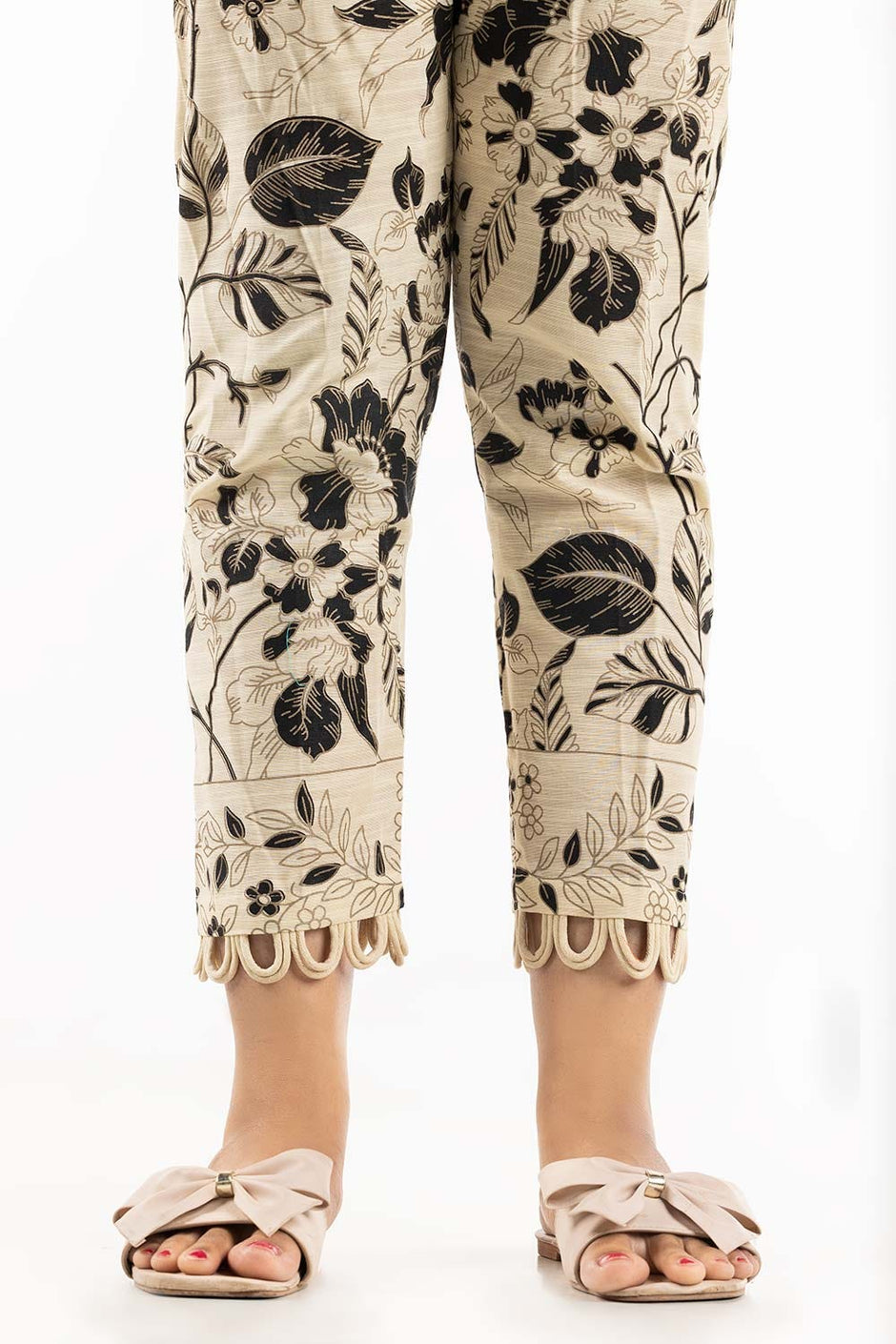 Beige Khaddar Screen Print Trousers