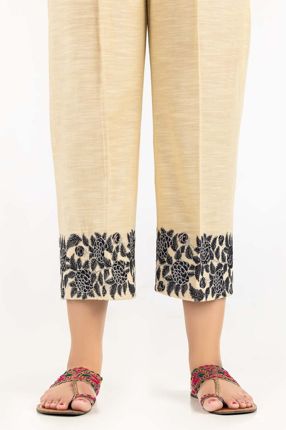 Beige Khaddar Embroidered Trousers