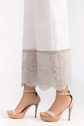 White Raw Silk Embroidered Trousers TR-22-28