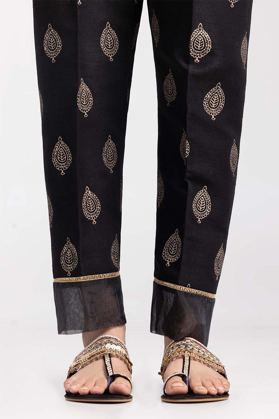 Black Screen Printed Raw Silk Trousers
