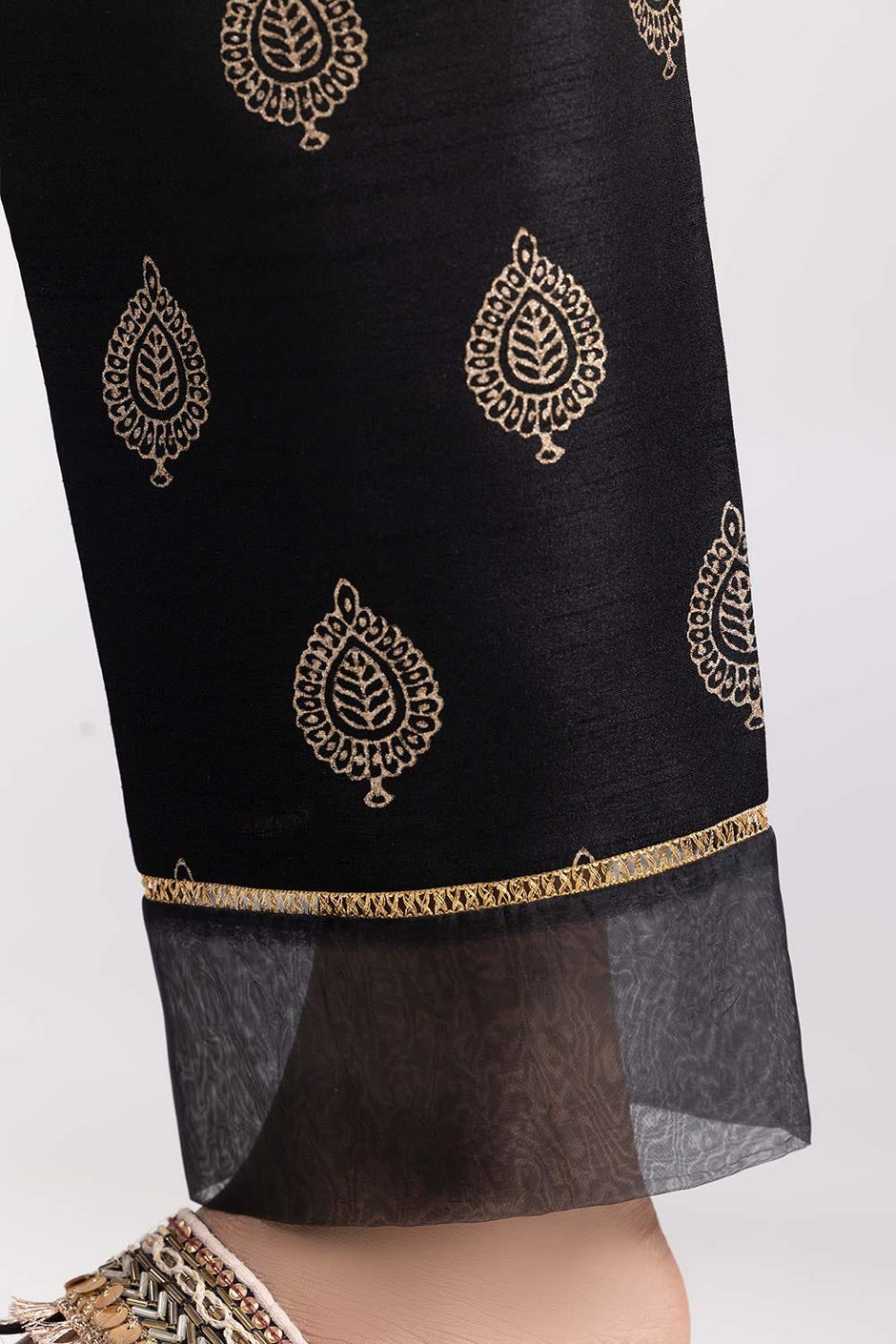 Black Screen Printed Raw Silk Trousers