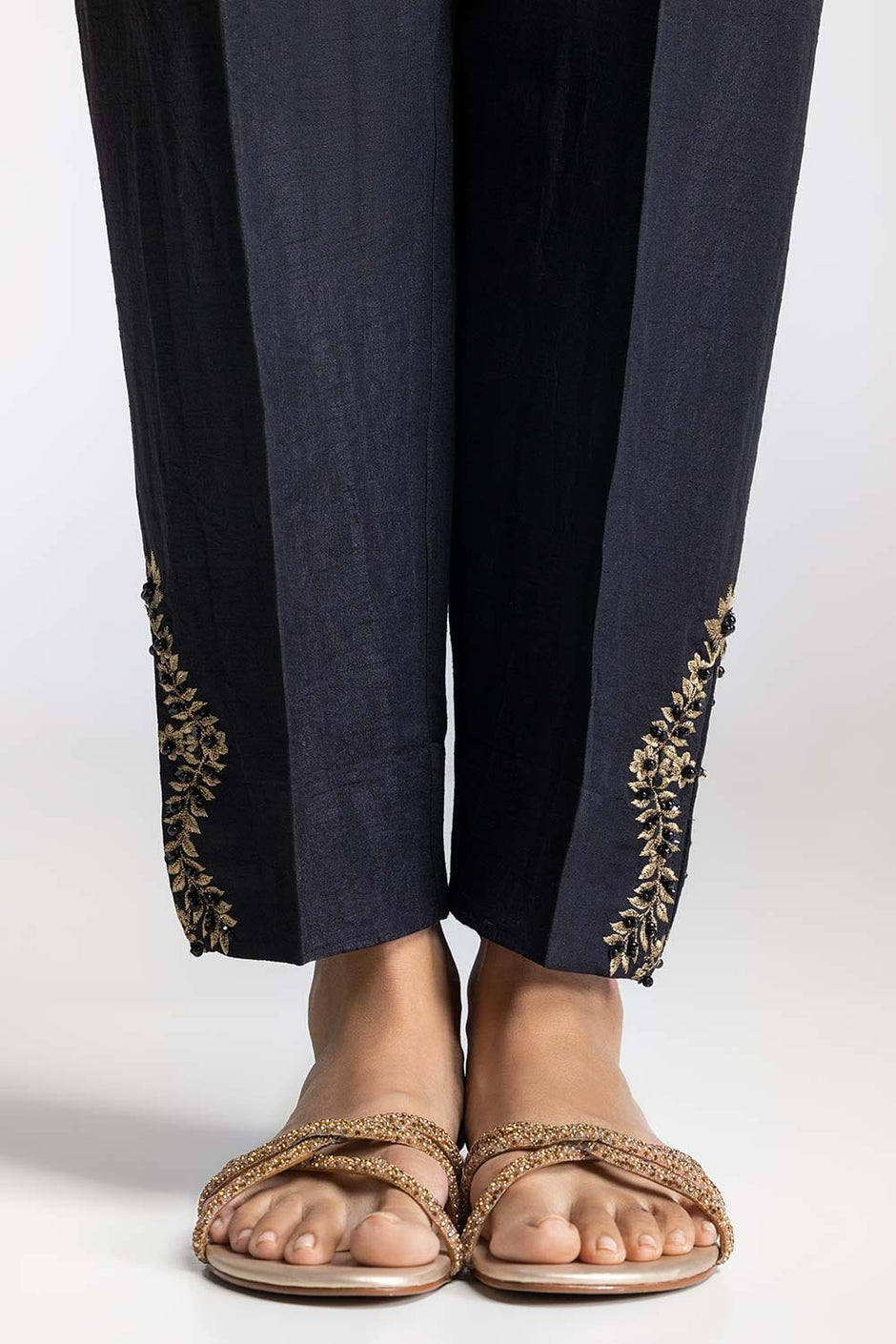Black Dyed Embroidered Rawsilk Trouser TR-24-27