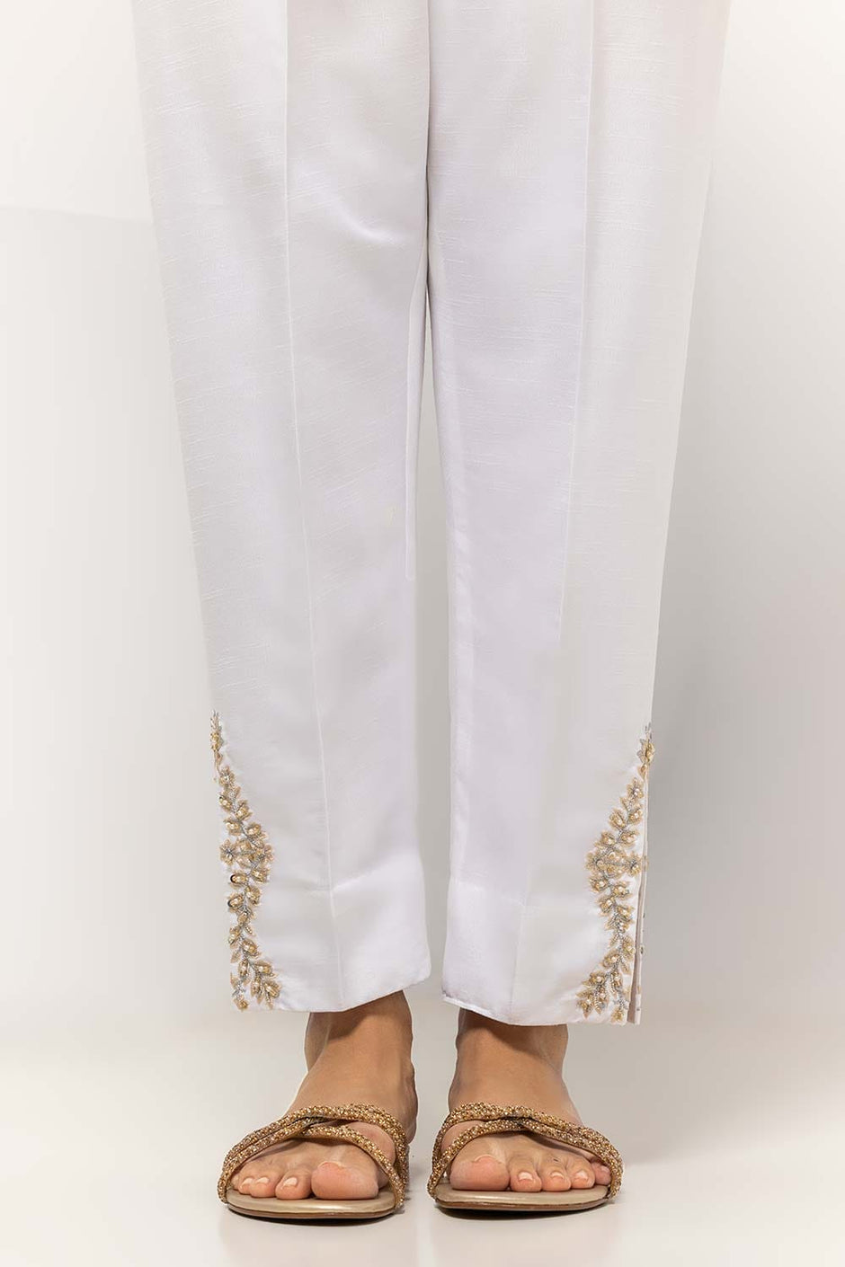 White Dyed Embroidered Rawsilk Trouser TR-24-27