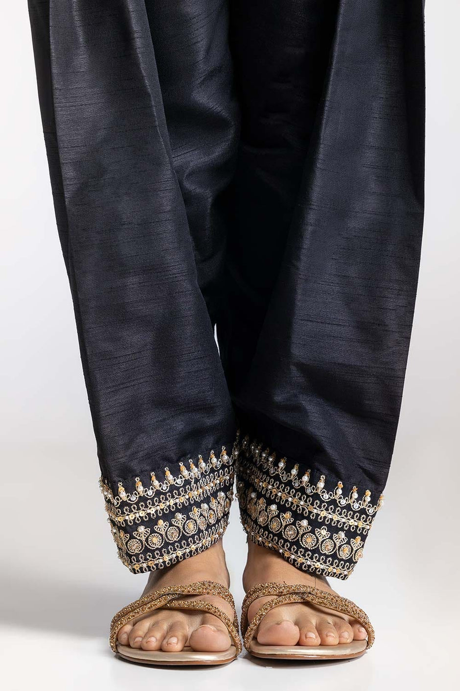 Black Dyed Embroidered Rawsilk Trouser TR-24-29