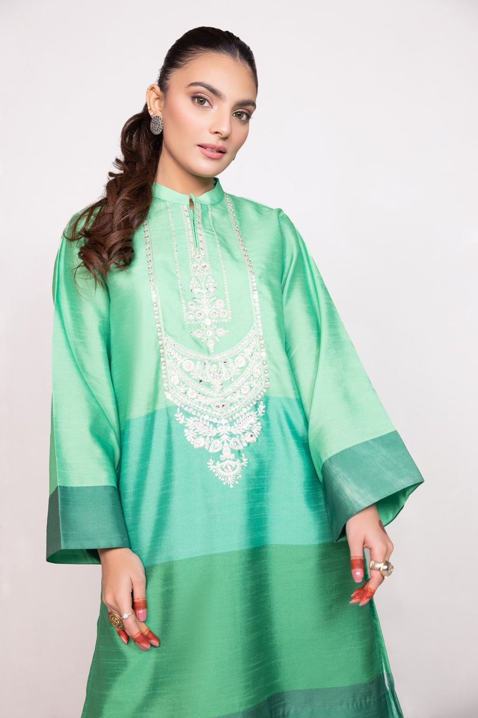 Needle Craft raw-silk Printed Embroidered Shirt