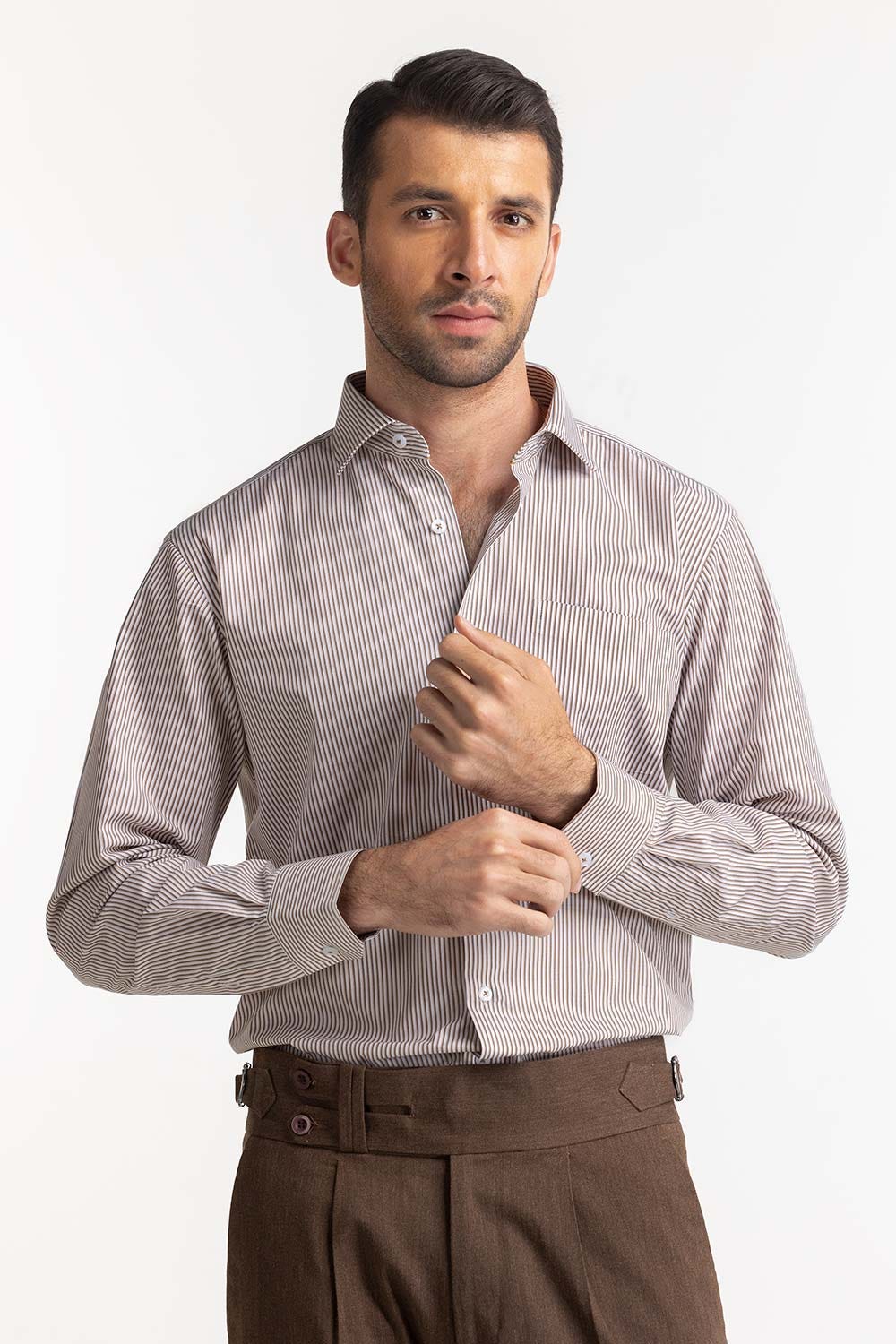 White Brown Stripe Formal Shirt MN-FS-PD24-088