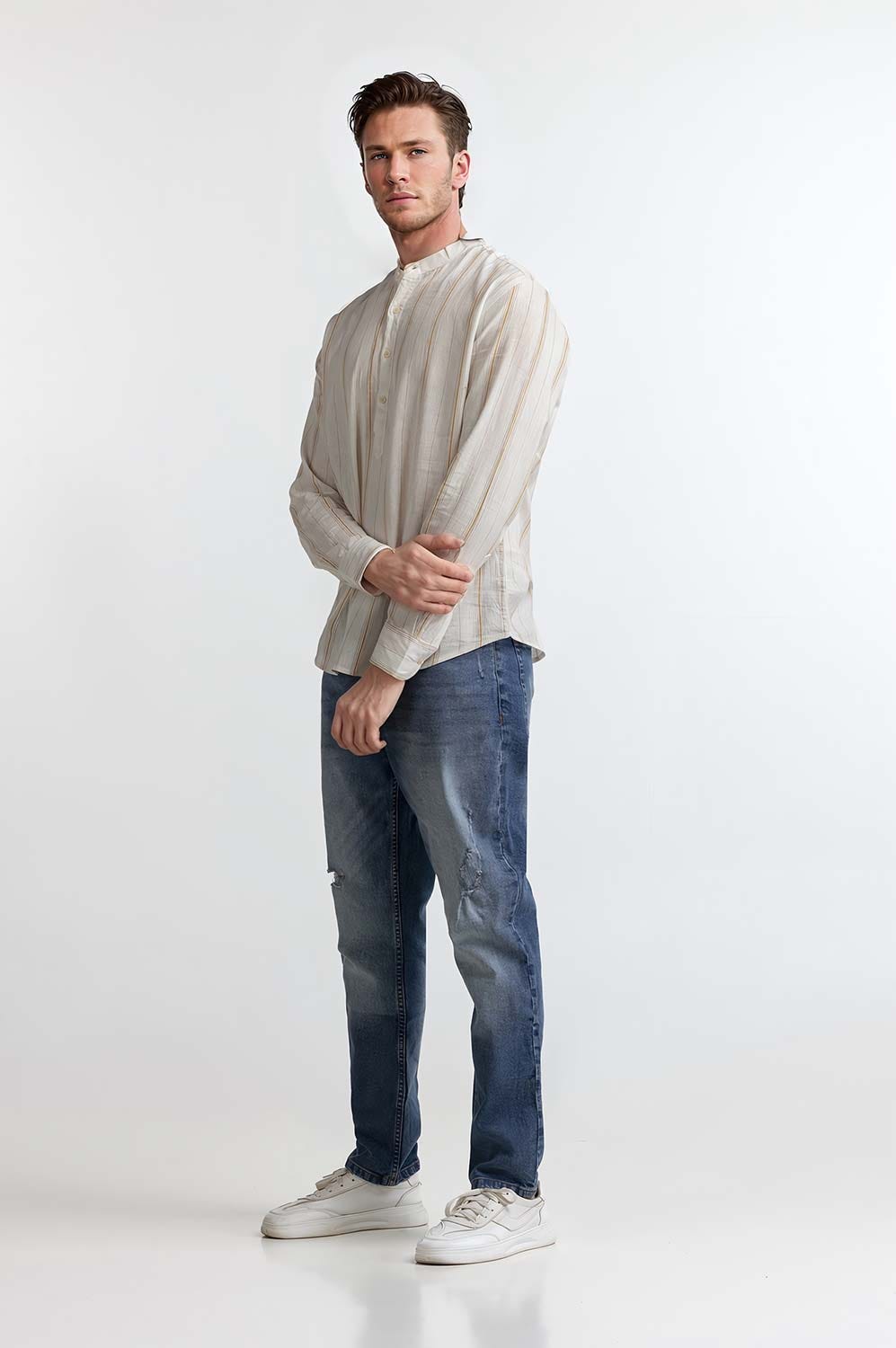 White Orange Stripe Casual Shirt MN-CS-SS24-007