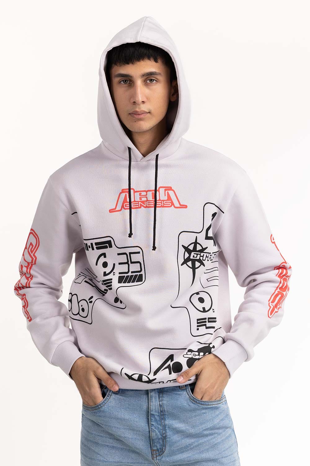 White Printed Hoodie 224-112-032