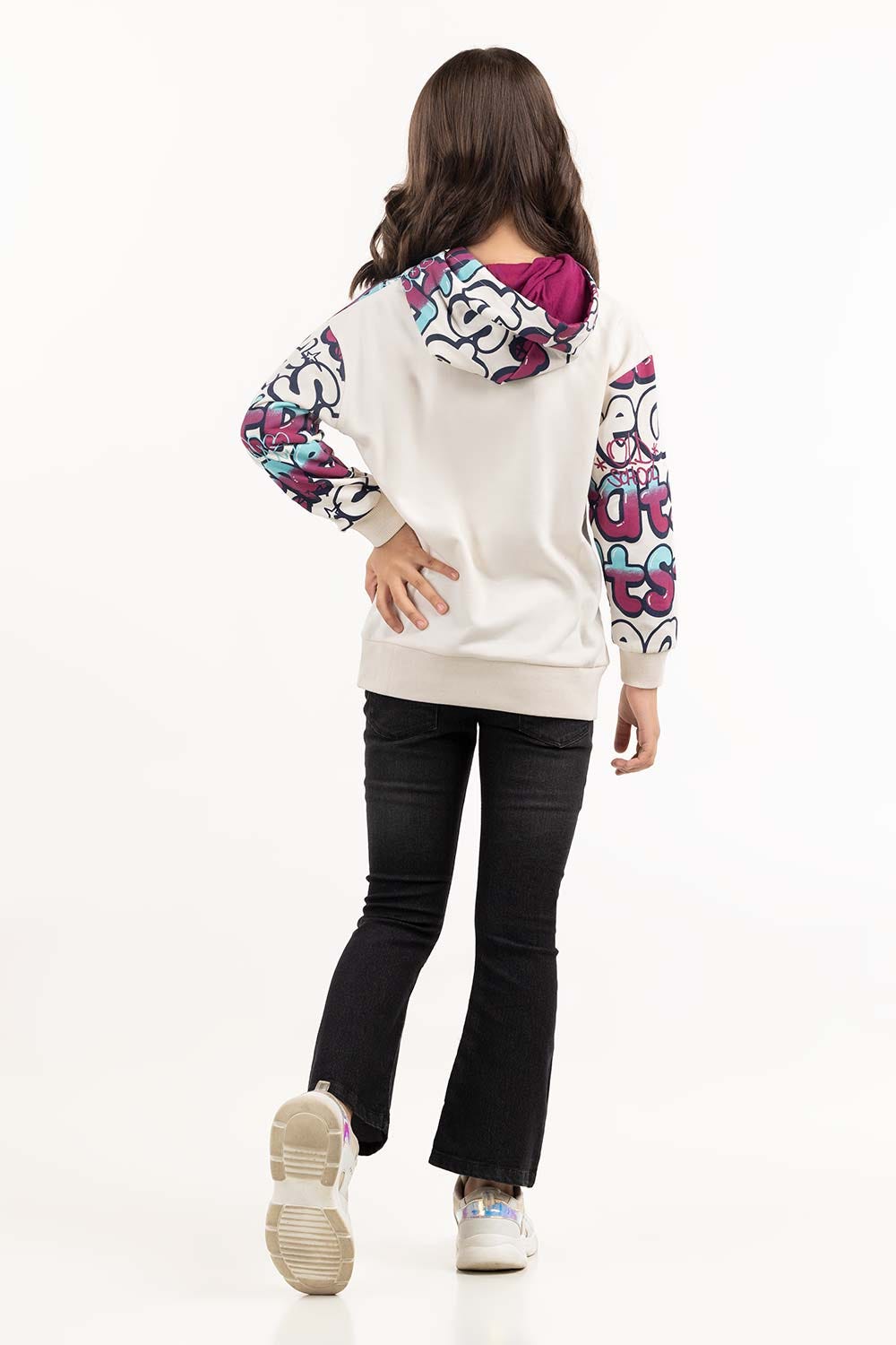 Junior Girl White Printed Hoodie 224-412-053