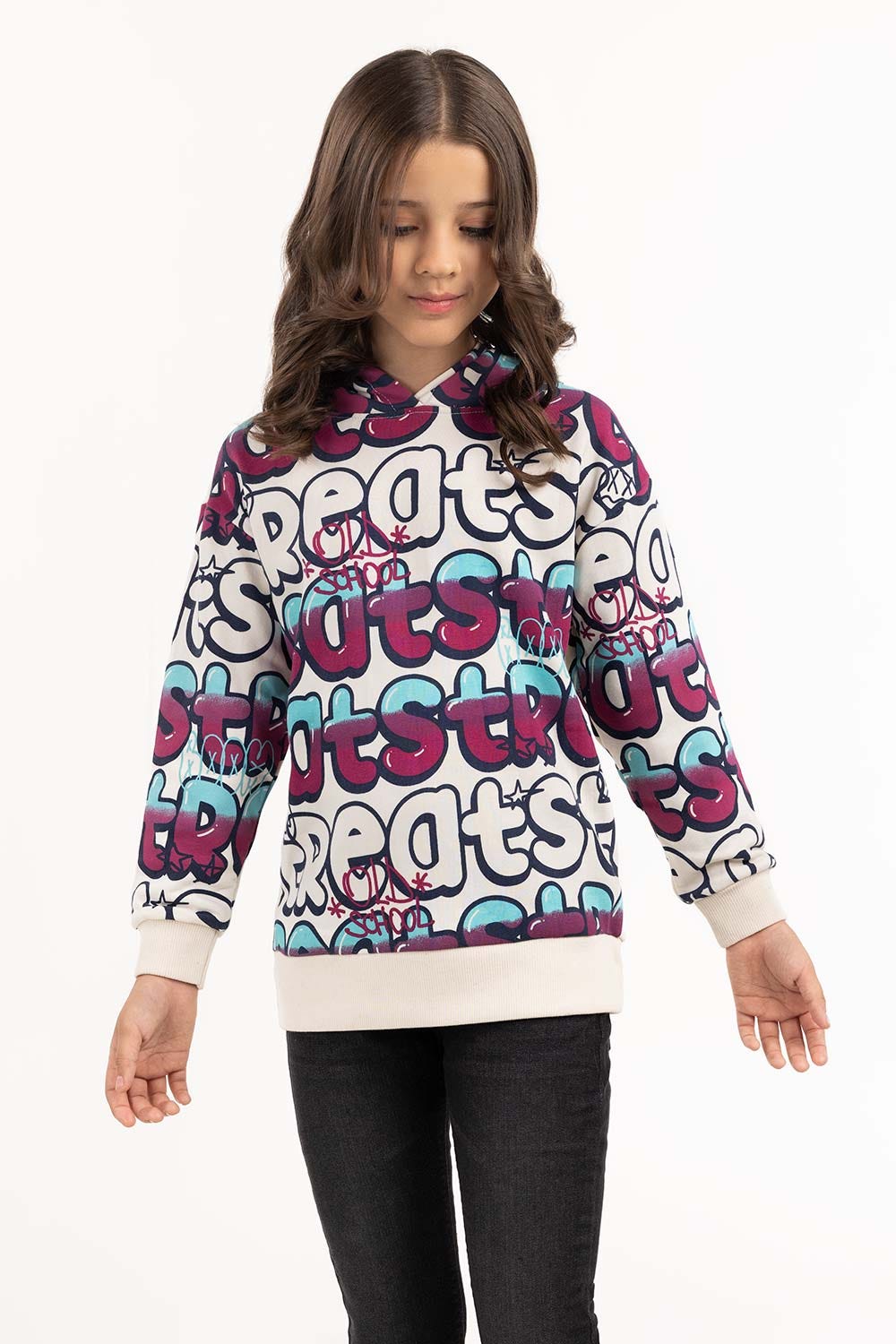 Junior Girl White Printed Hoodie 224-412-053