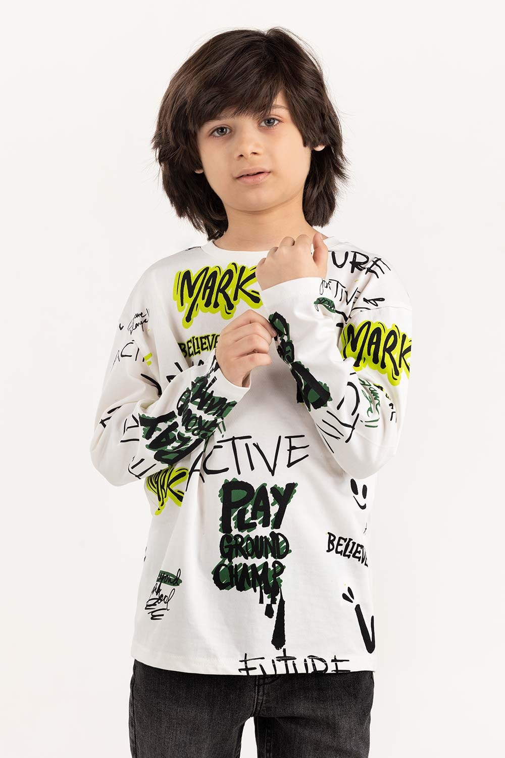 Junior Boy White Round Neck T-Shirt 224-313-018