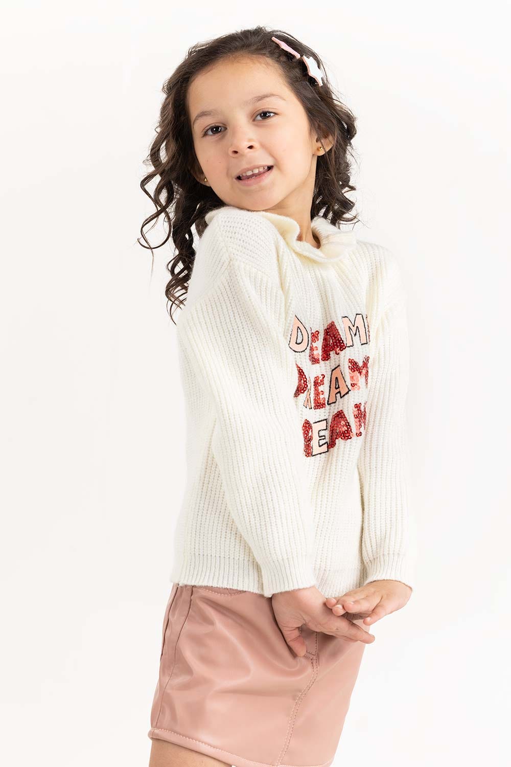 Toddler Girl White Sweater With Elastic Gathered Details 224-611-026