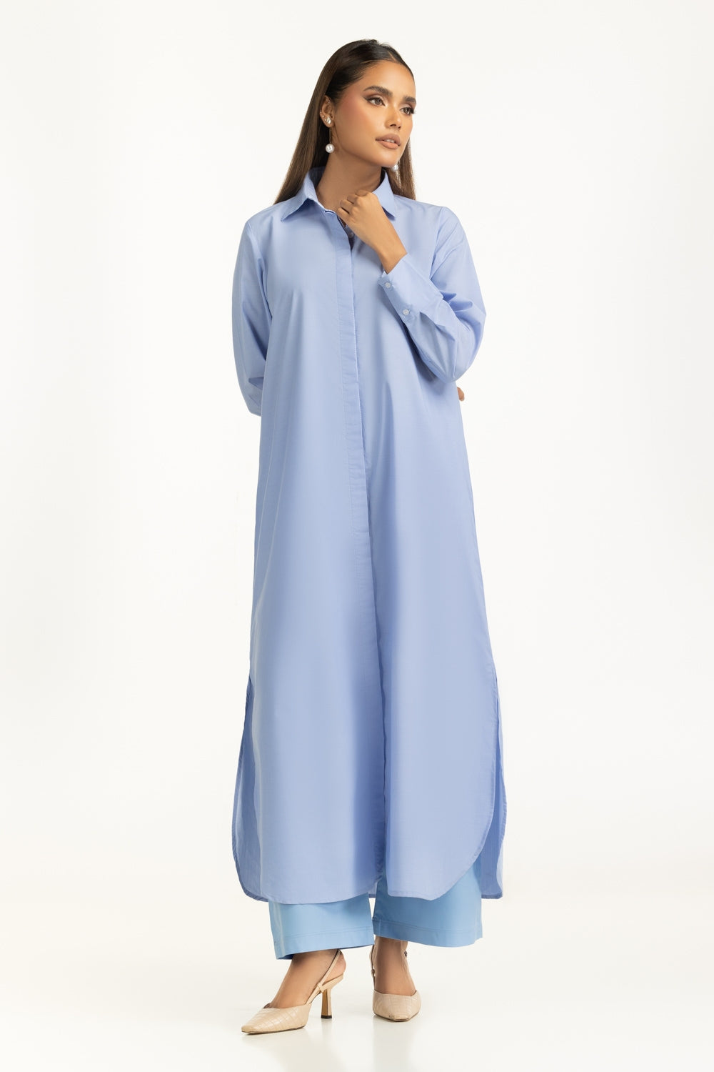 Sky Blue Yarn Dyed Button Down Shirt Dress for Women