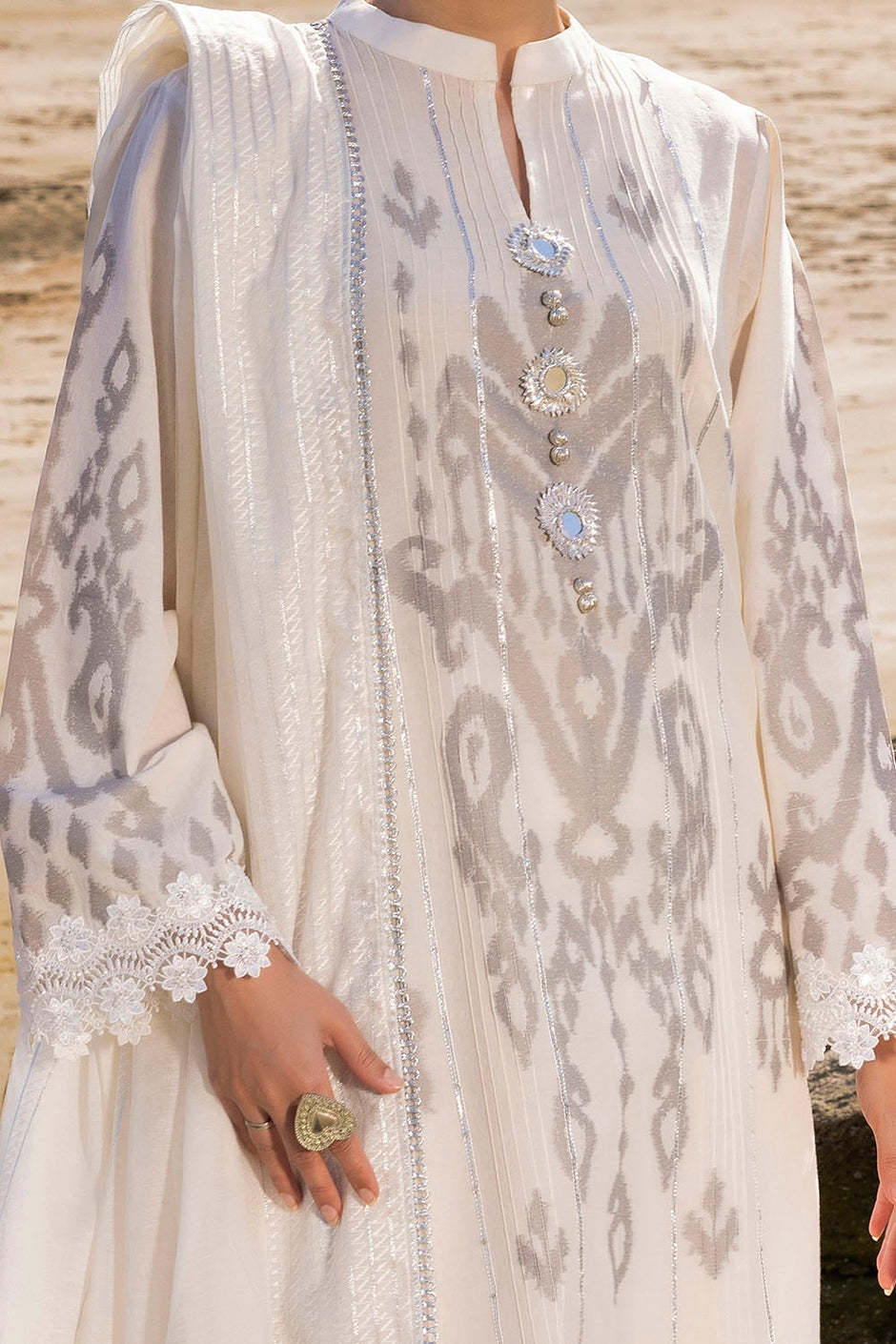 3 Piece Unstitched Embroidered Jacquard Suit with Zari Paper Cotton Dupatta