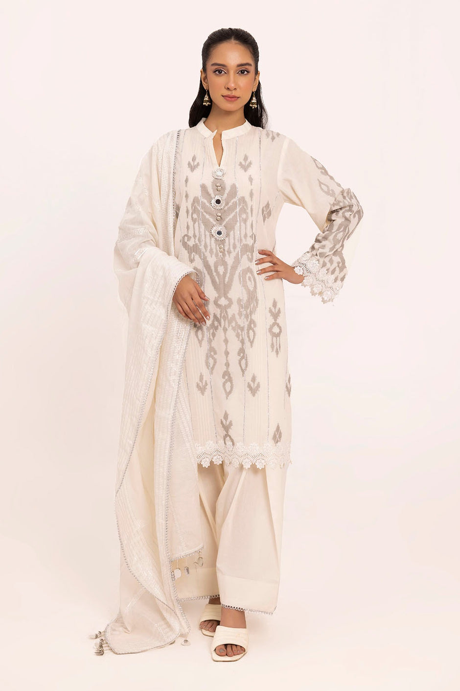 3 Piece Unstitched Embroidered Jacquard Suit with Zari Paper Cotton Dupatta