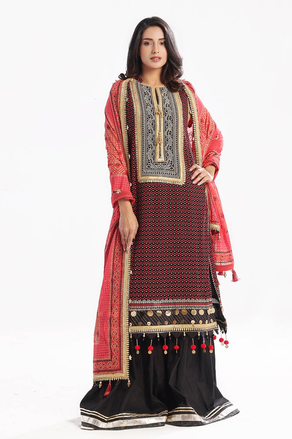 3 Piece Unstitched Embroidered Chiffon Suit with Gold Lacquer Embroidered Printed Chiffon Dupatta