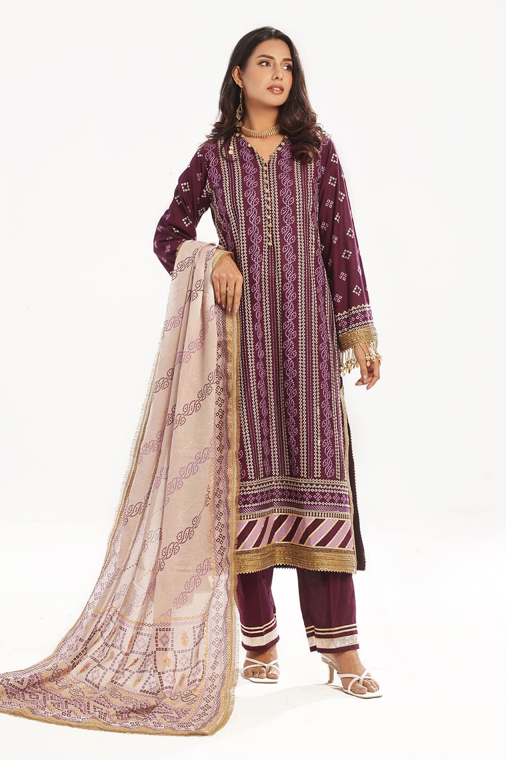 3 Piece Unstitched Zari Embroidered Lawn Suit with Gold Printed Lawn Dupatta  CL-52413