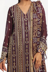 3 Piece Unstitched Embroidered Chiffon Suit with Gold Silver Printed Chiffon Dupatta BM-52023