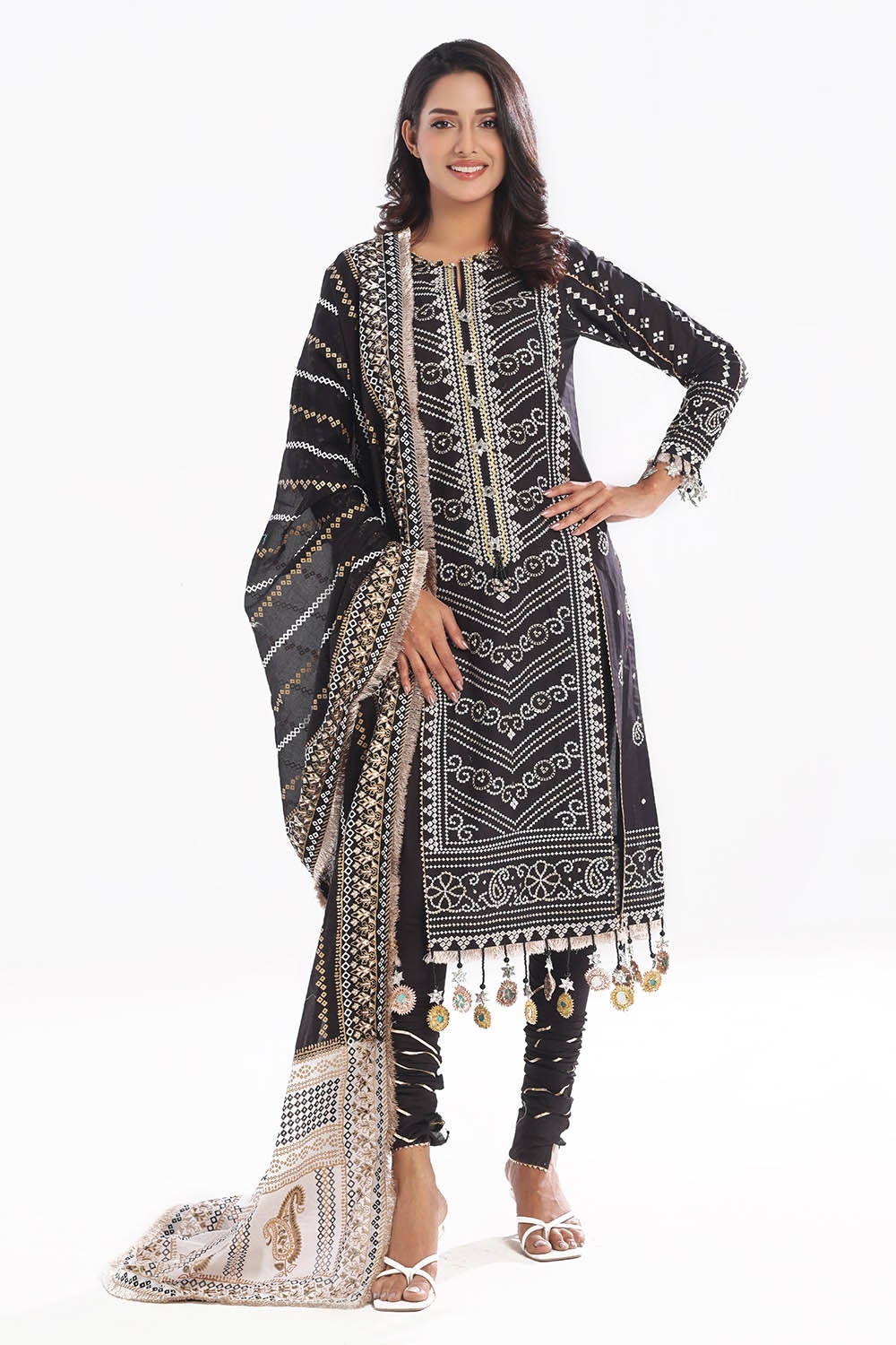 3 Piece Unstitched Zari Embroidered Lawn Suit with Gold Lacquer Printed Lawn Dupatta  CL-52407