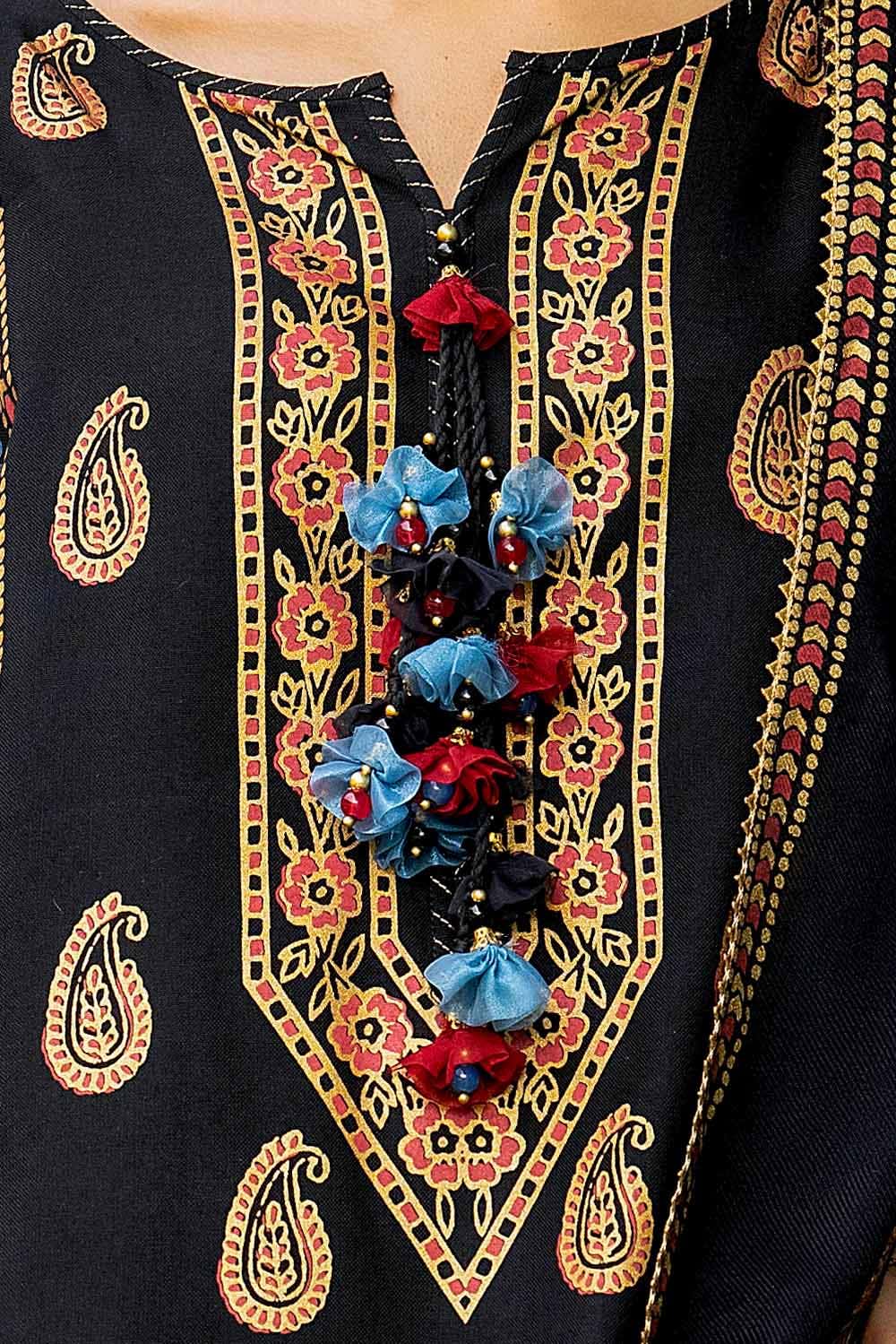 3 Piece Unstitched Gold and Lacquer Printed Suit with Gold and Lacquer Printed Acrylic Dupatta AP-42040