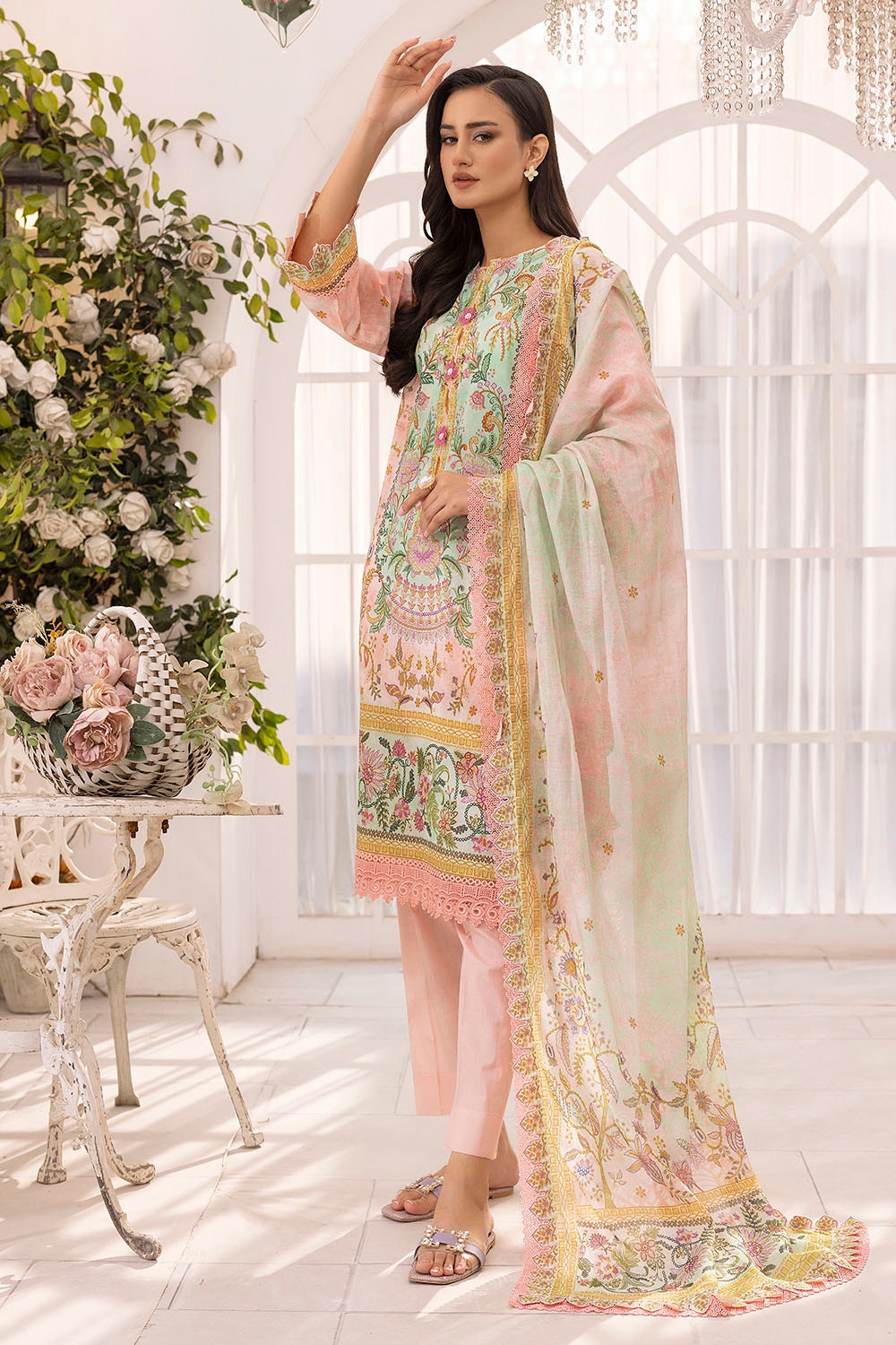 3 Piece Unstitched Printed Lawn Suit Schiffli Lace with Printed Lawn Dupatta CL-52097