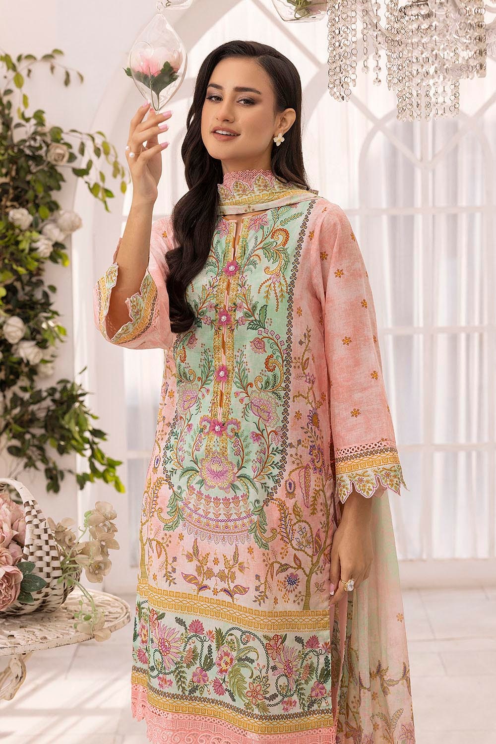 3 Piece Unstitched Printed Lawn Suit Schiffli Lace with Printed Lawn Dupatta CL-52097