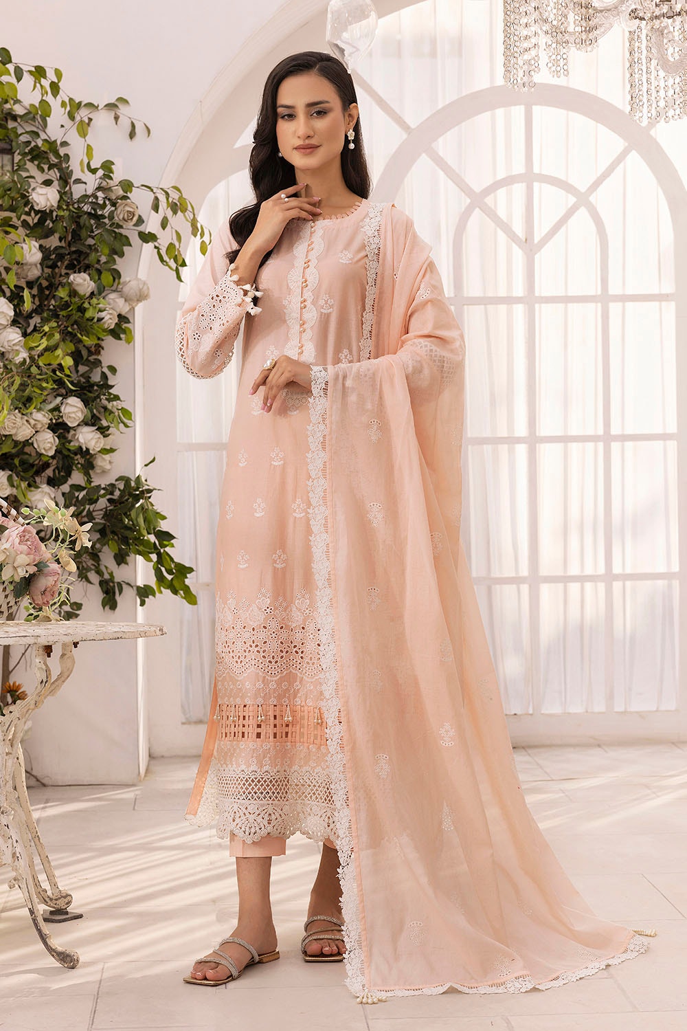 3 Piece Unstitched Schiffli Embroidered Printed Lawn Suit with Embroidered Lawn Dupatta CL-52398