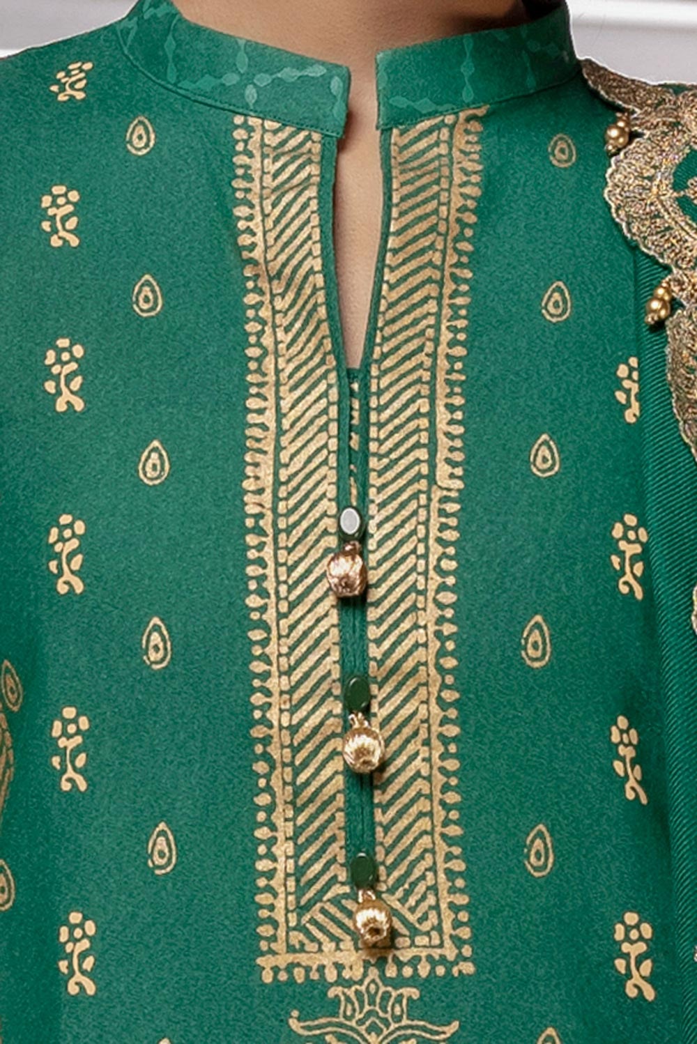 3 Piece Unstitched Gold and Lacquer Printed Karandi Suit with Embroidered Pashmina Shawl AP-42046