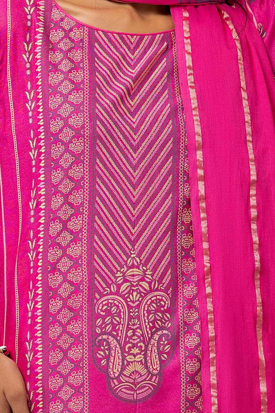 3 Piece Unstitched Lacquer Printed Stripe Karandi Suit with Yarn Dyed Dupatta